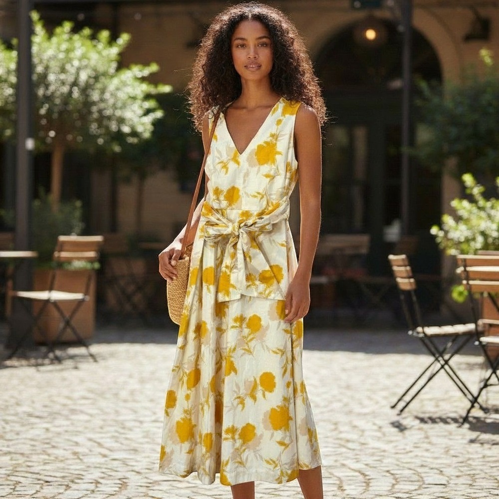 Ann Taylor Factory Women's Size XS White Yellow Floral Tie Waist Midi Dress